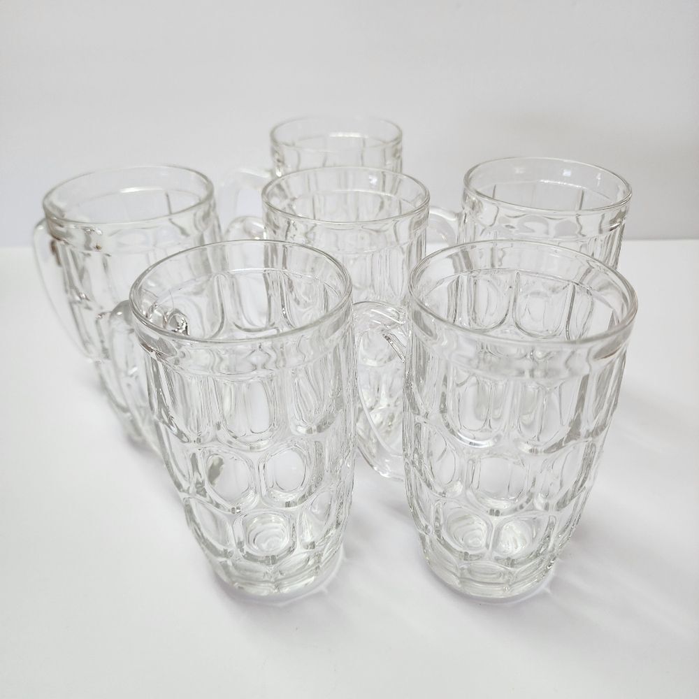 Vintage Dimpled/ Thumbprint Clear Glass Mugs Set of 6
